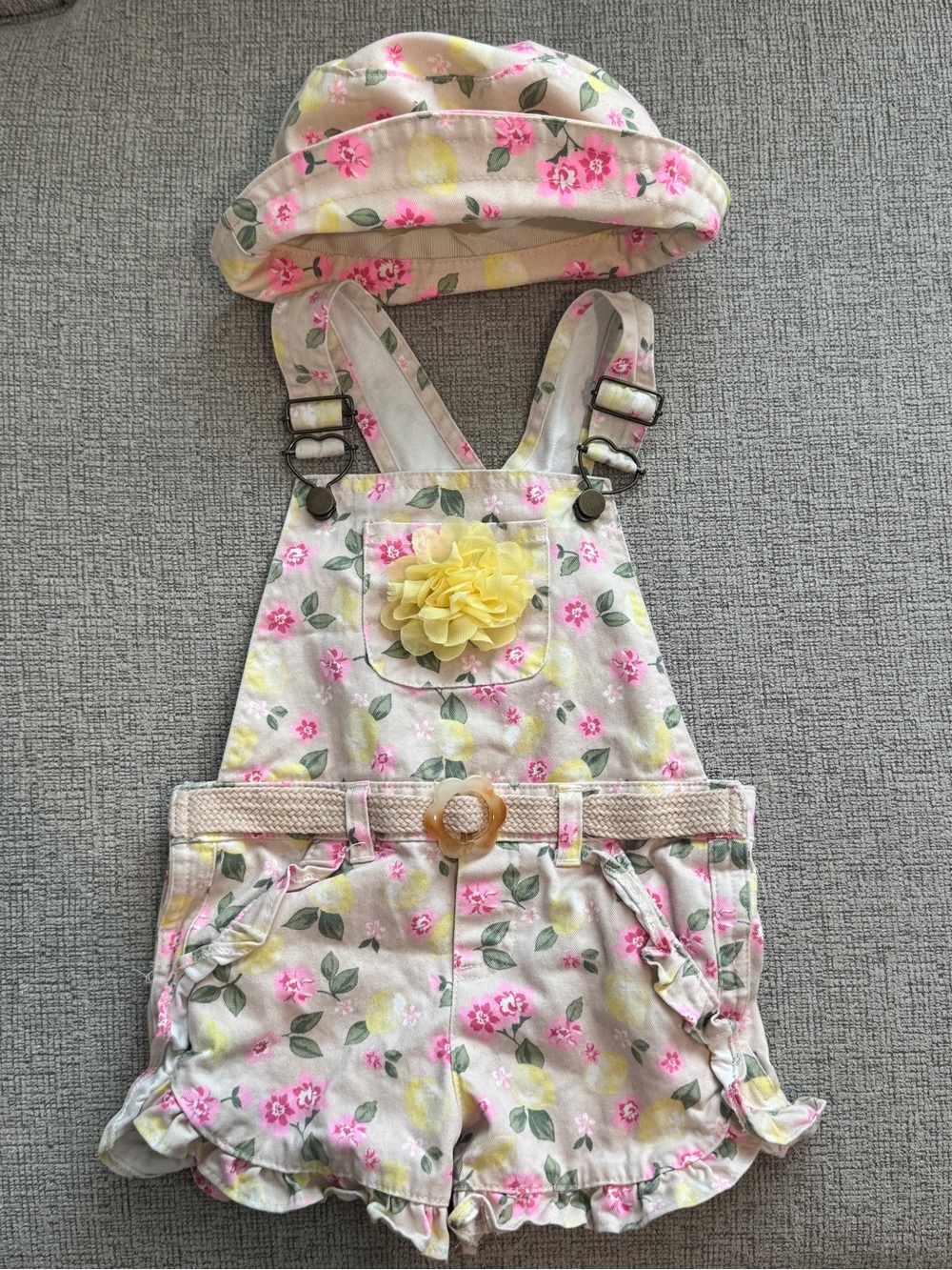 Girls Floral Yellow & Pink Short Overalls with Hat